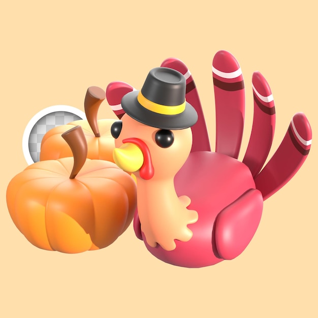 Free PSD turkey with pumpkins for thanksgiving 3d illustration