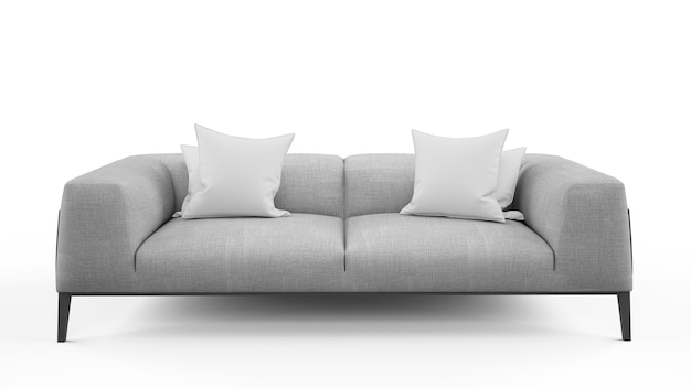 Free PSD two-seater gray sofa with two cushions, isolated