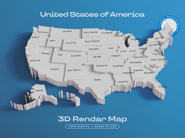 Free PSD united states of america map isolated 3d render illustration