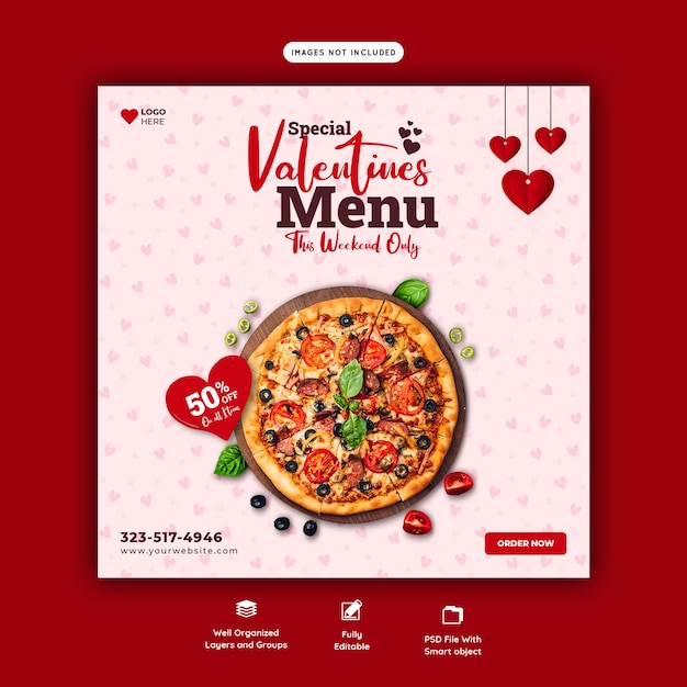 Valentine food menu and delicious pizza social media banner template