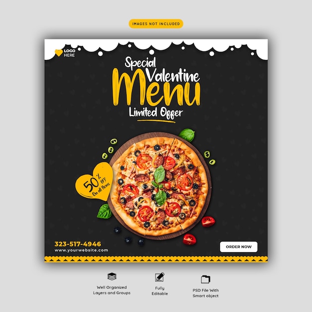 Valentine food menu and delicious pizza social media banner template