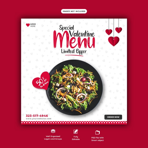 Valentine food menu and restaurant social media banner template