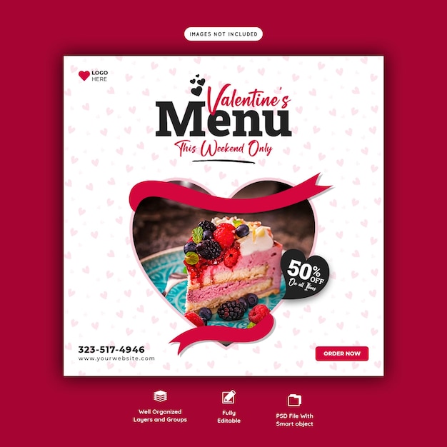 Valentine food menu and restaurant social media banner template