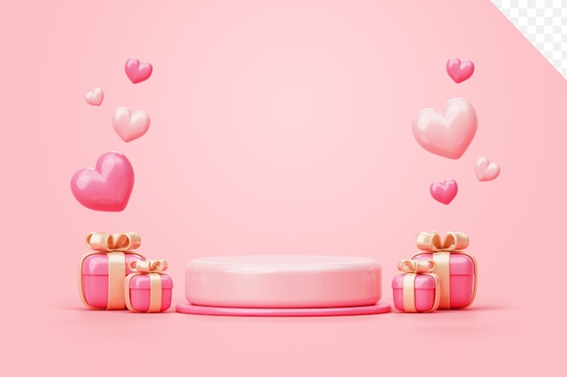 Free PSD valentine's day pink podium with heart and giftbox background 3d illustration empty display scene presentation for product placement