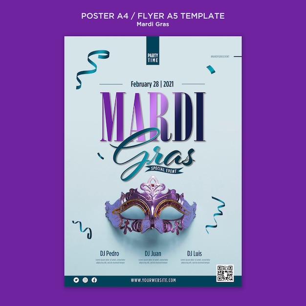 Free PSD vertical flyer template for mardi gras with carnival mask