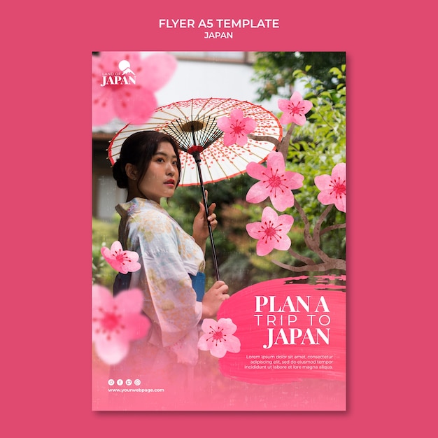 Vertical flyer template for traveling to japan with woman and cherry blossom