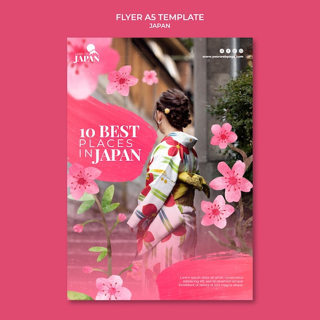 Free PSD vertical flyer template for traveling to japan with woman and cherry blossom