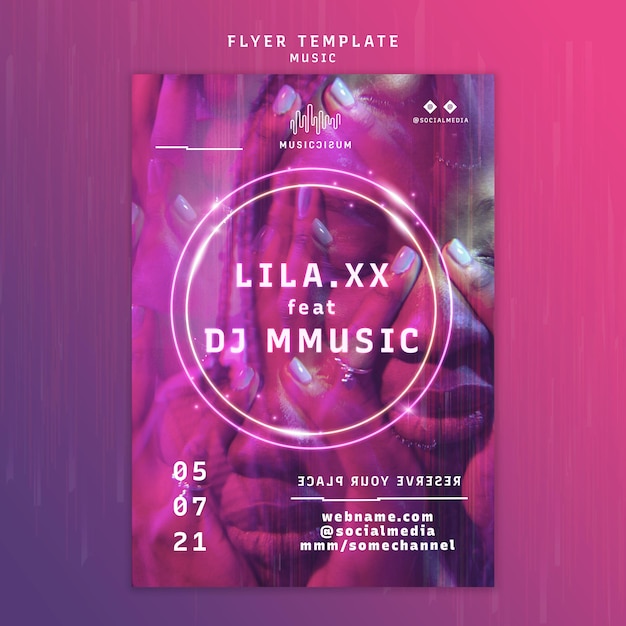 Vertical neon flyer template for music with artist