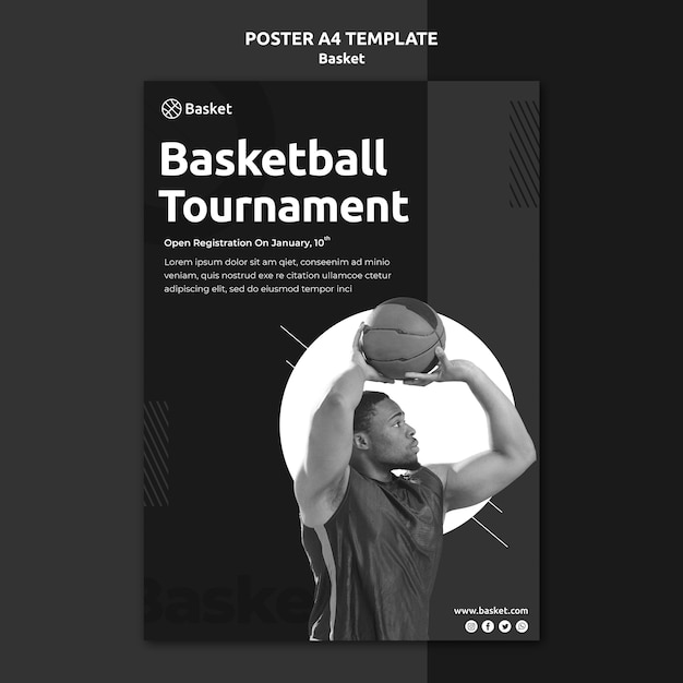 Free PSD vertical poster in black and white with male basketball athlete