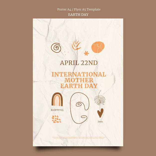 Vertical poster for earth day with wrinkled paper texture and hand drawn elements