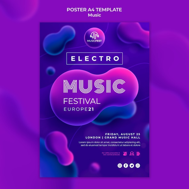 Vertical poster for electro music festival with neon liquid effect shapes