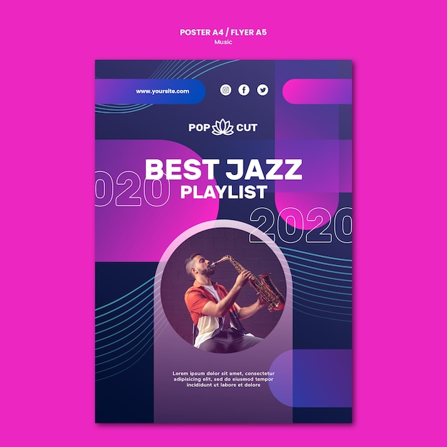 Vertical poster for music with male jazz player and saxophone