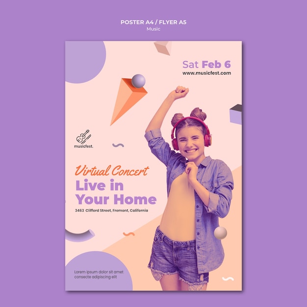 Free PSD vertical poster for music with woman using headphones and dancing