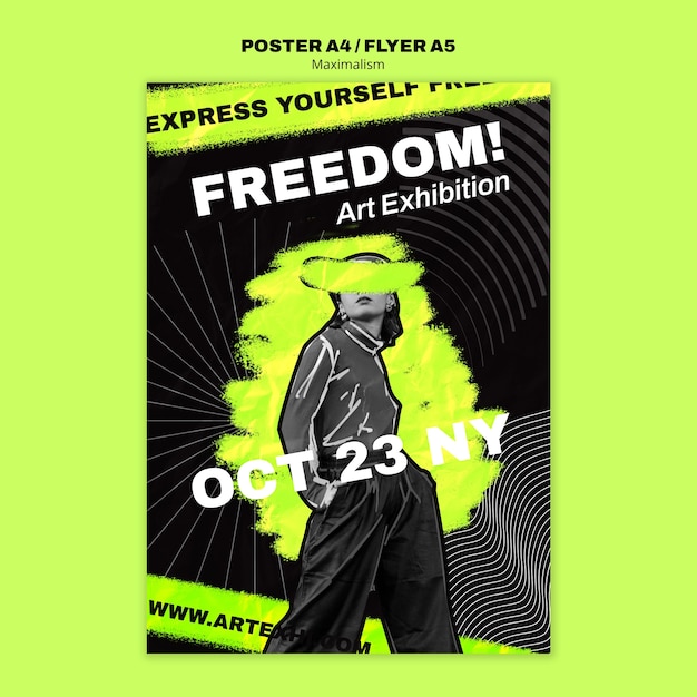 Free PSD vertical poster template for art exhibition in maximalist style