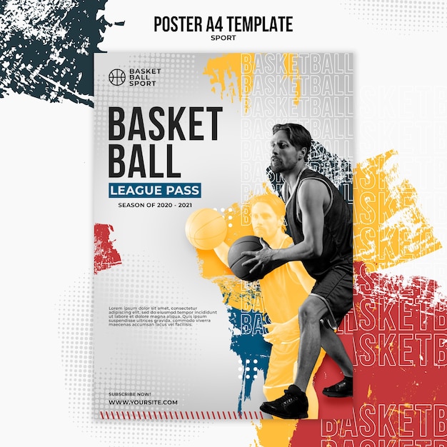 Free PSD vertical poster template for basketball with male player