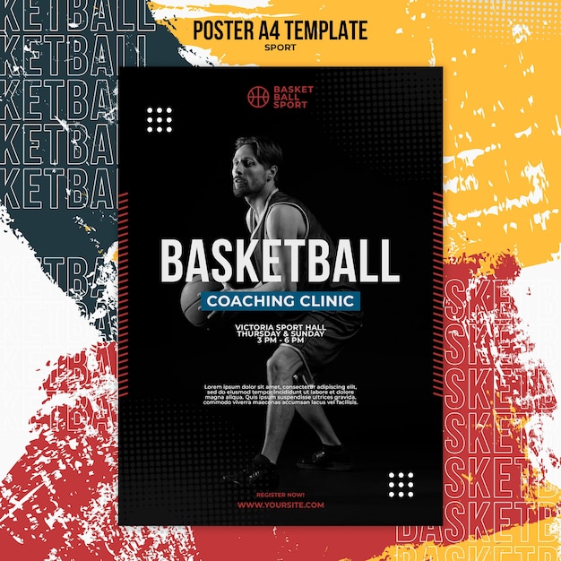 Free PSD vertical poster template for basketball with male player