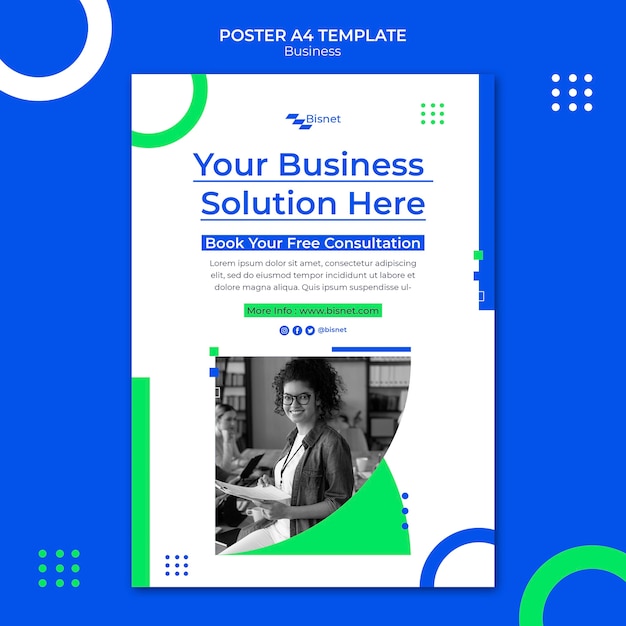 Vertical poster template for business solution with monochrome photo