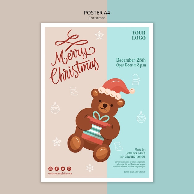 Free PSD vertical poster template for christmas with bear