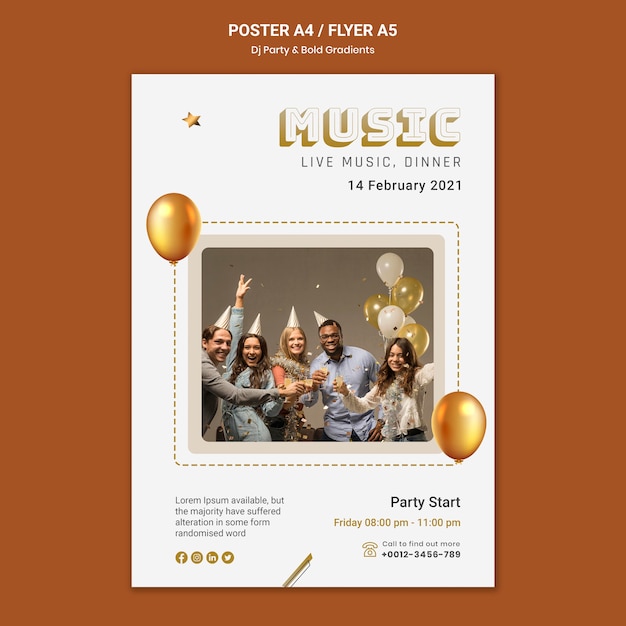 Vertical poster template for dj party with people and balloons