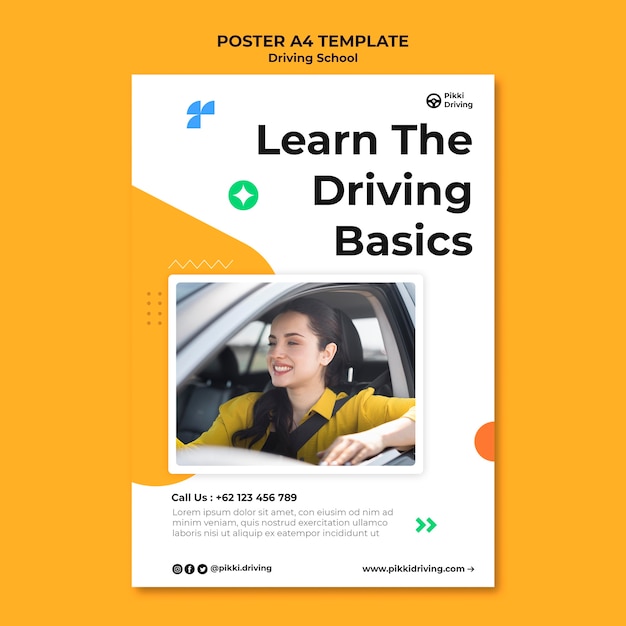 Vertical poster template for driving school with woman and car