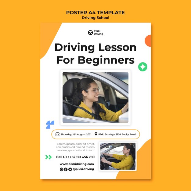 Vertical poster template for driving school with woman and car