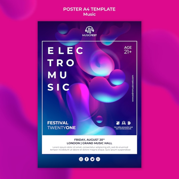 Free PSD vertical poster template for electro music festival with neon liquid effect shapes