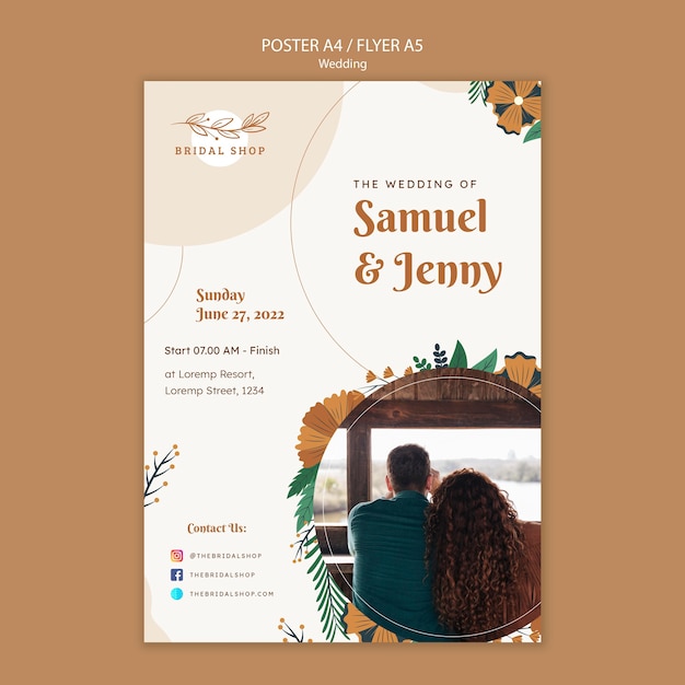 Vertical poster template for floral wedding with leaves and couple