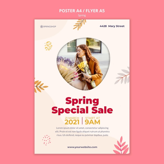 Free PSD vertical poster template for flower shop with spring flowers