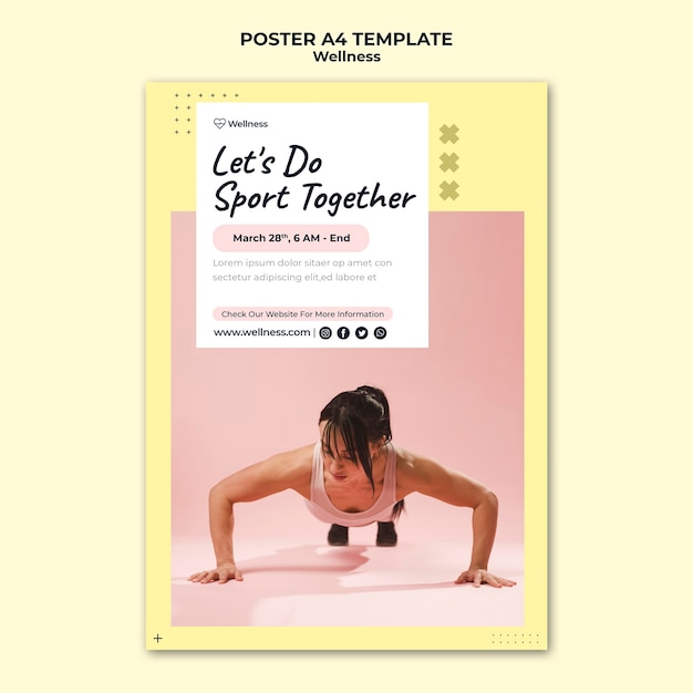 Vertical poster template for health and wellbeing with woman doing fitness