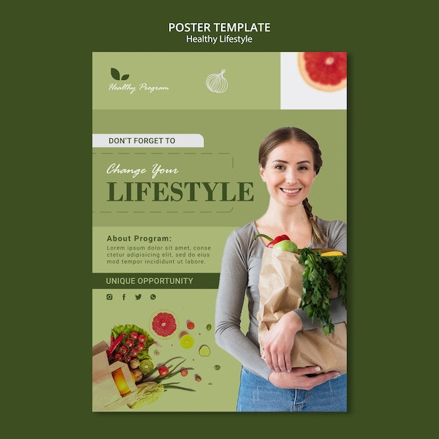 Free PSD vertical poster template for healthy lifestyle with woman