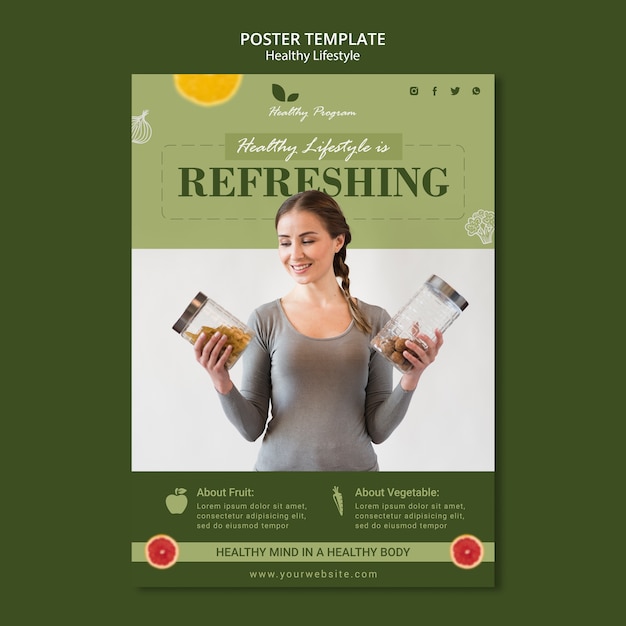 Free PSD vertical poster template for healthy lifestyle with woman