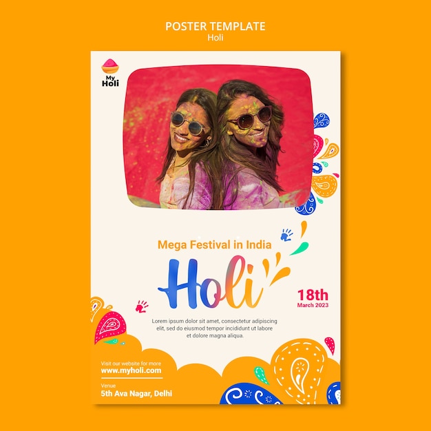 Free PSD vertical poster template for holi festival celebration