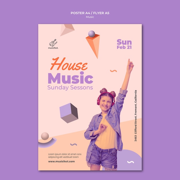 Vertical poster template for music with woman using headphones and dancing