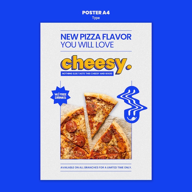 Free PSD vertical poster template for new cheesy pizza flavor