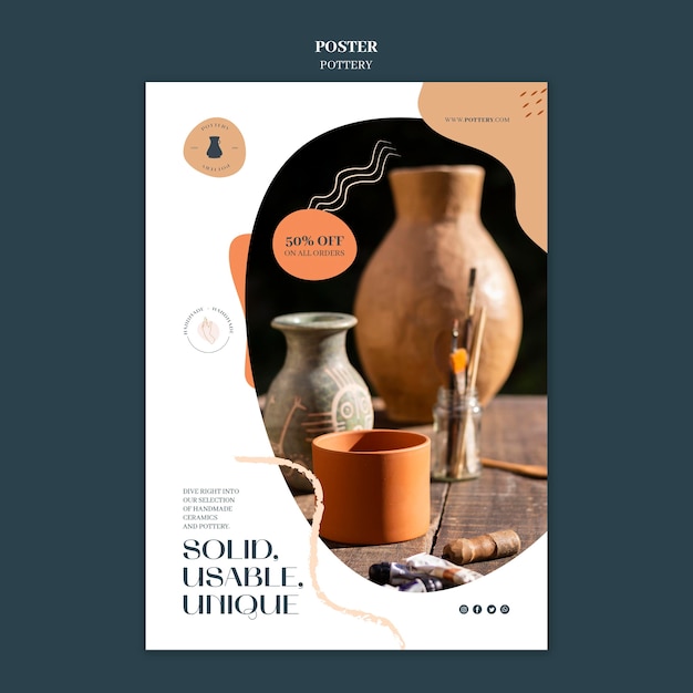 Free PSD vertical poster template for pottery with clay vessels