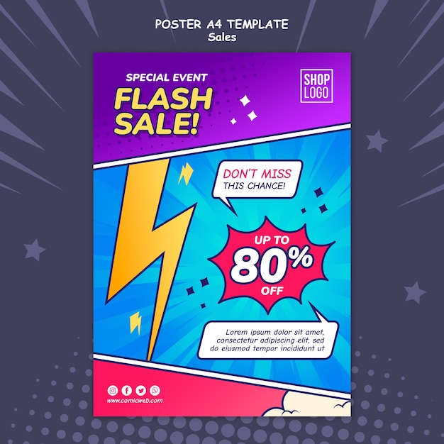 Vertical poster template for sales in comic style