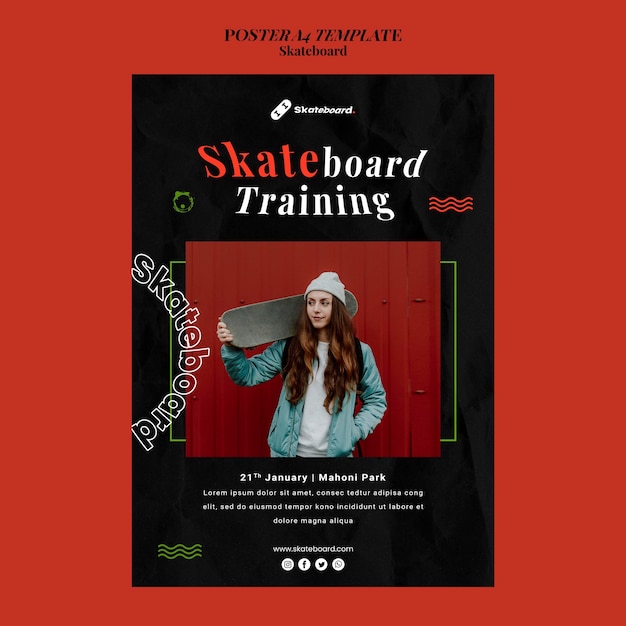 Free PSD vertical poster template for skateboarding with woman