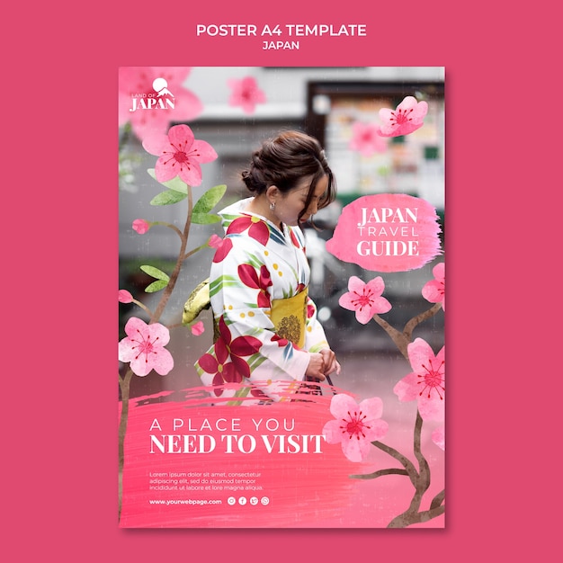 Vertical poster template for traveling to japan with woman and cherry blossom