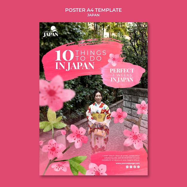 Free PSD vertical poster template for traveling to japan with woman and cherry blossom