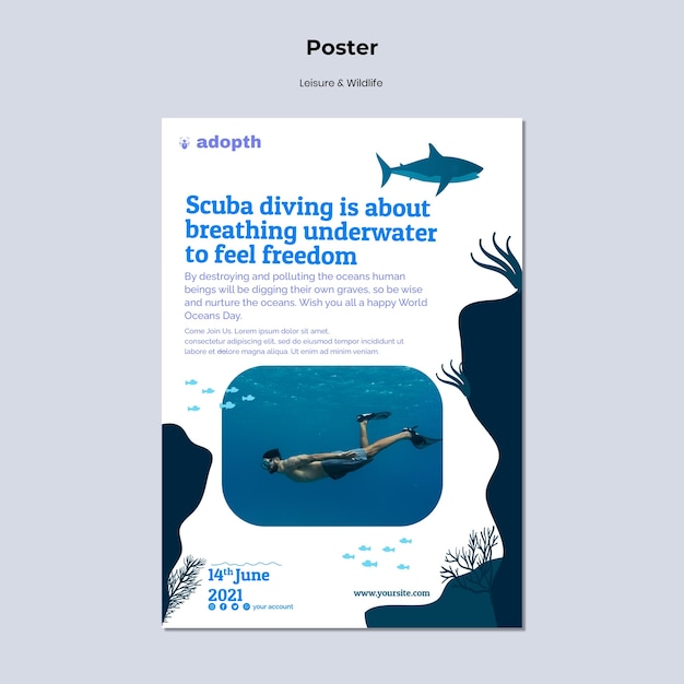 Free PSD vertical poster template for underwater scuba diving