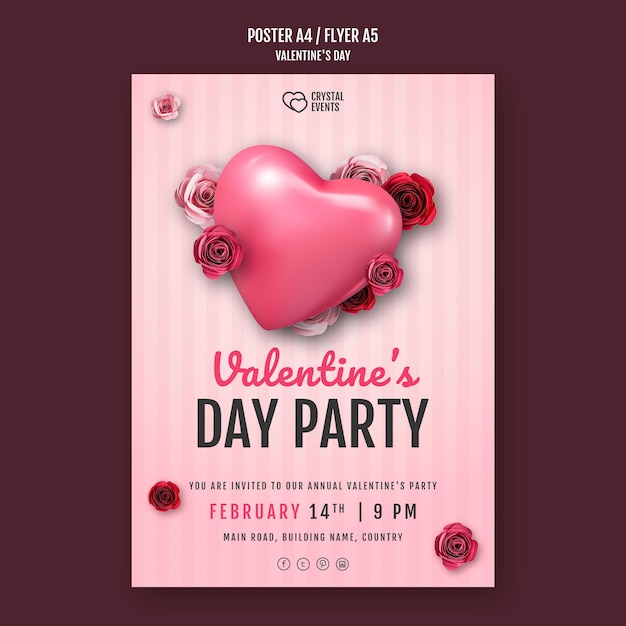 Free PSD vertical poster template for valentine's day with heart and red roses