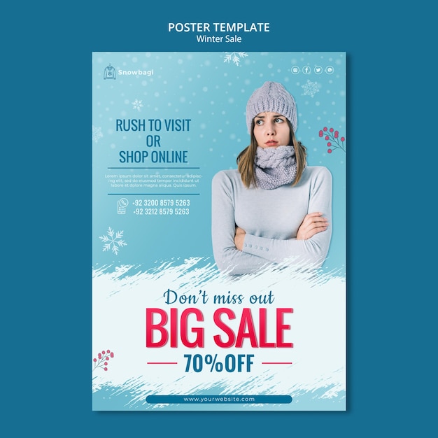 Vertical poster template for winter sale with woman and snowflakes