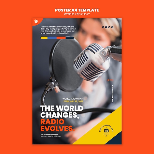 Vertical poster template for world radio day with broadcaster and microphone