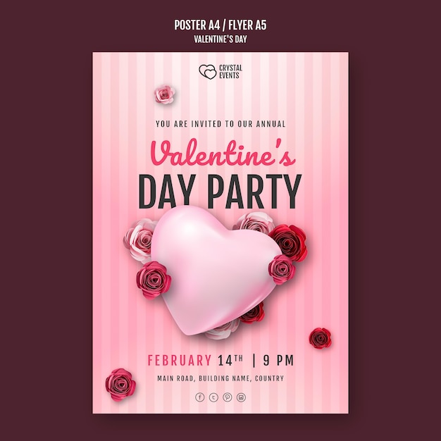 Free PSD vertical poster for valentine's day with heart and red roses