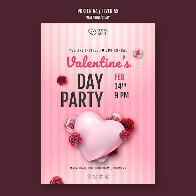 Free PSD vertical poster for valentine's day with heart and red roses