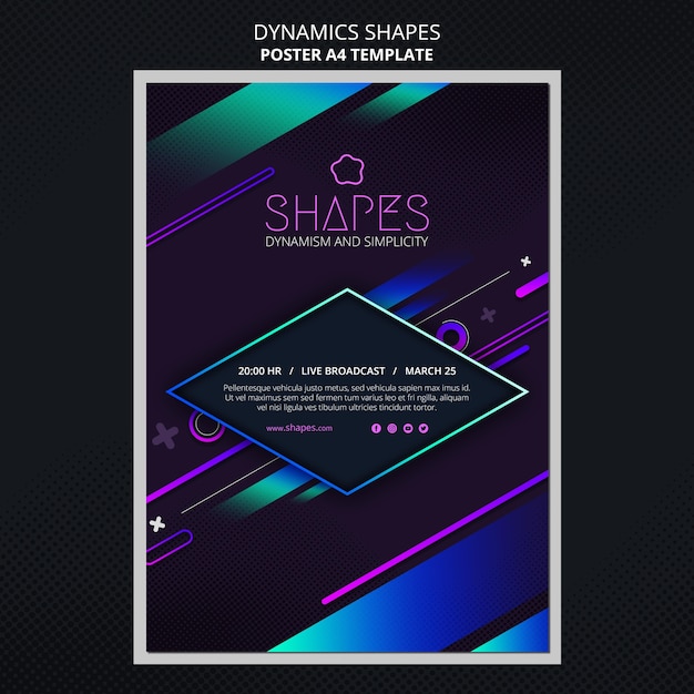 Free PSD vertical poster with dynamic geometric neon shapes