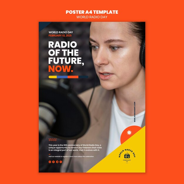 Vertical poster for world radio day with broadcaster and microphone