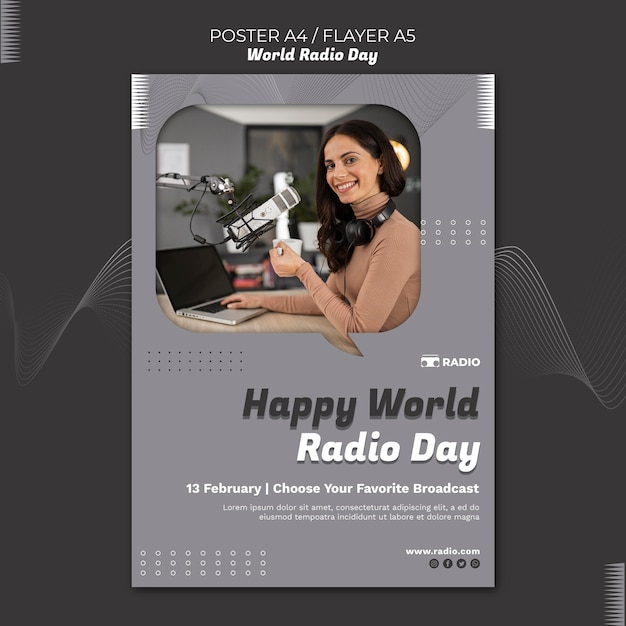 Vertical poster for world radio day with female broadcaster