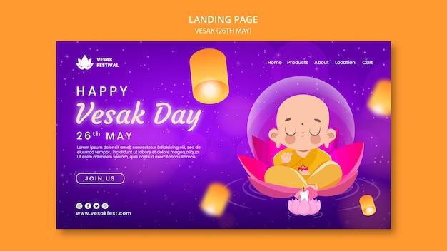 Vesak day landing page template with paper lanterns