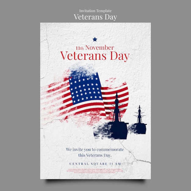 Free PSD veterans day invitation template with cracked concrete texture